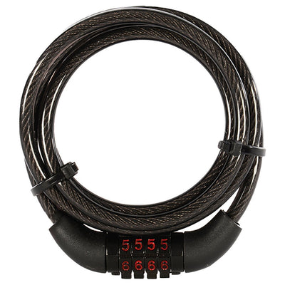 A black self-coiling combination cable lock with a 4-digit combination lock mechanism visible.