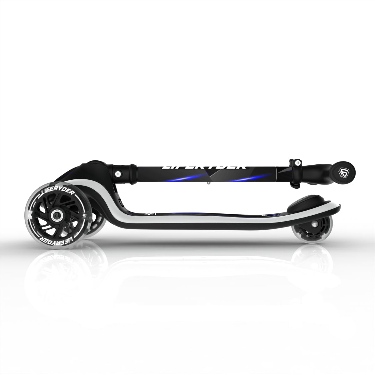LIFERYDER HALO Blue Stealth foldable 3 wheel scooter folded view
