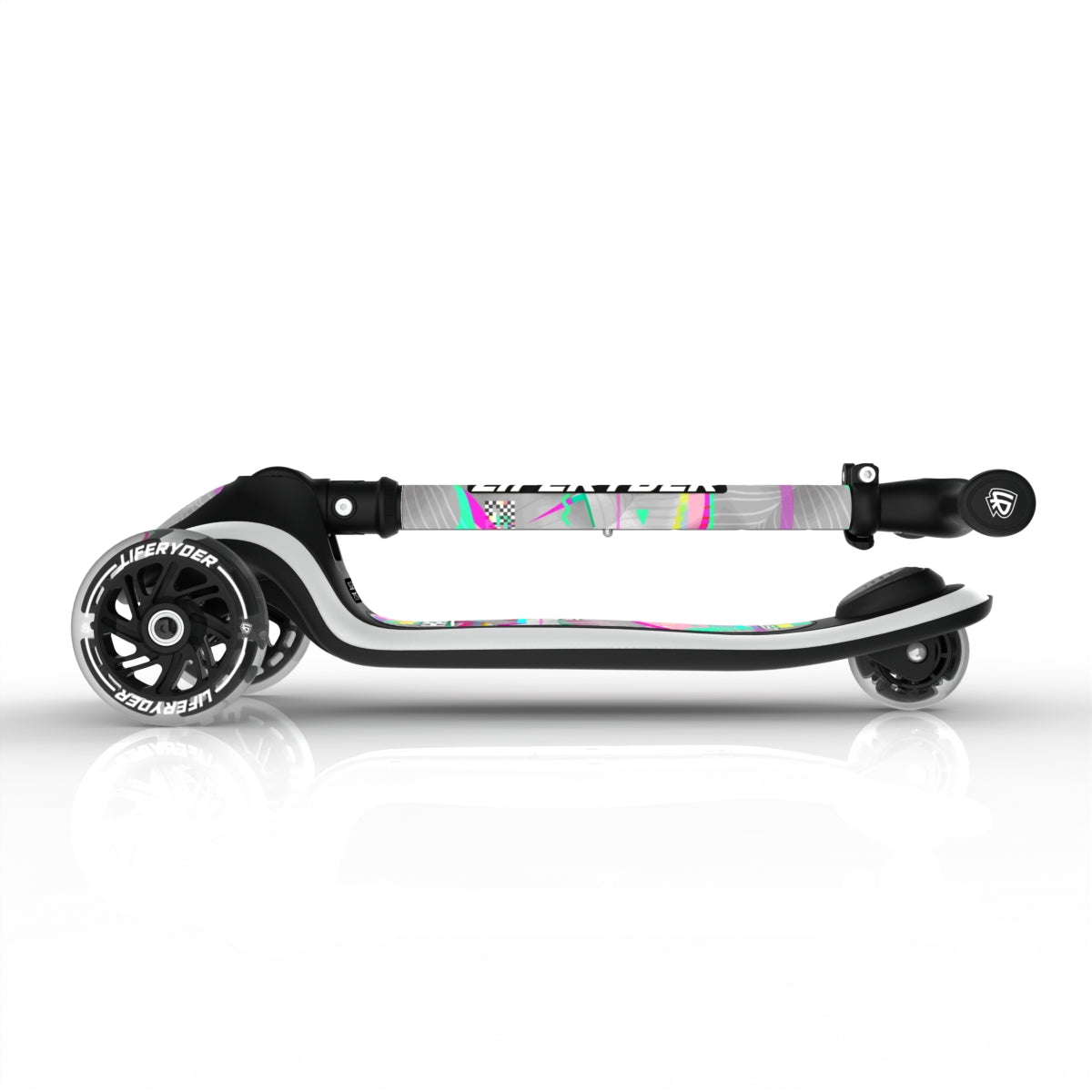 LIFERYDER HALO Pink Glitch foldable 3 wheel scooter folded view