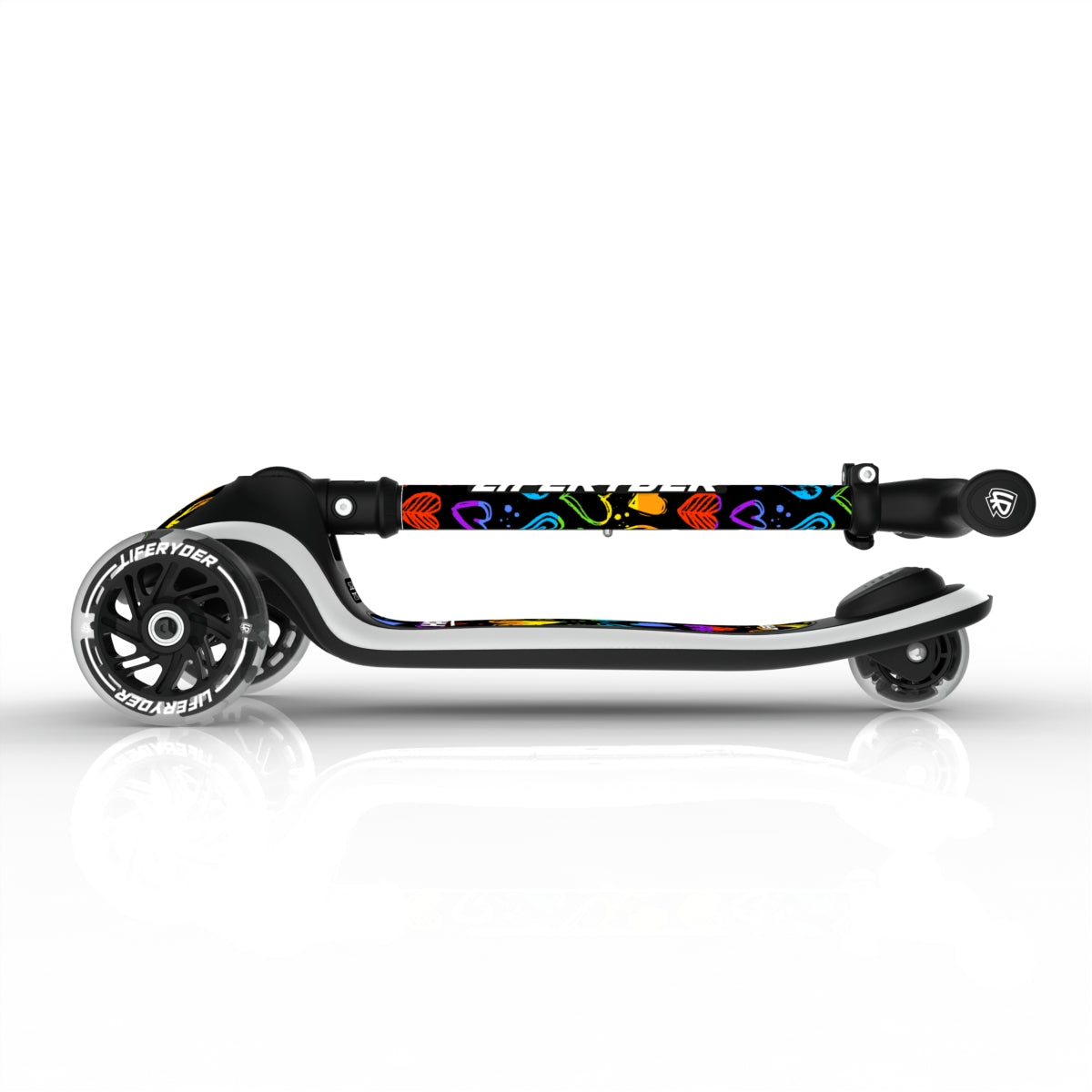 LIFERYDER HALO Rainbow Hearts foldable 3 wheel scooter folded view