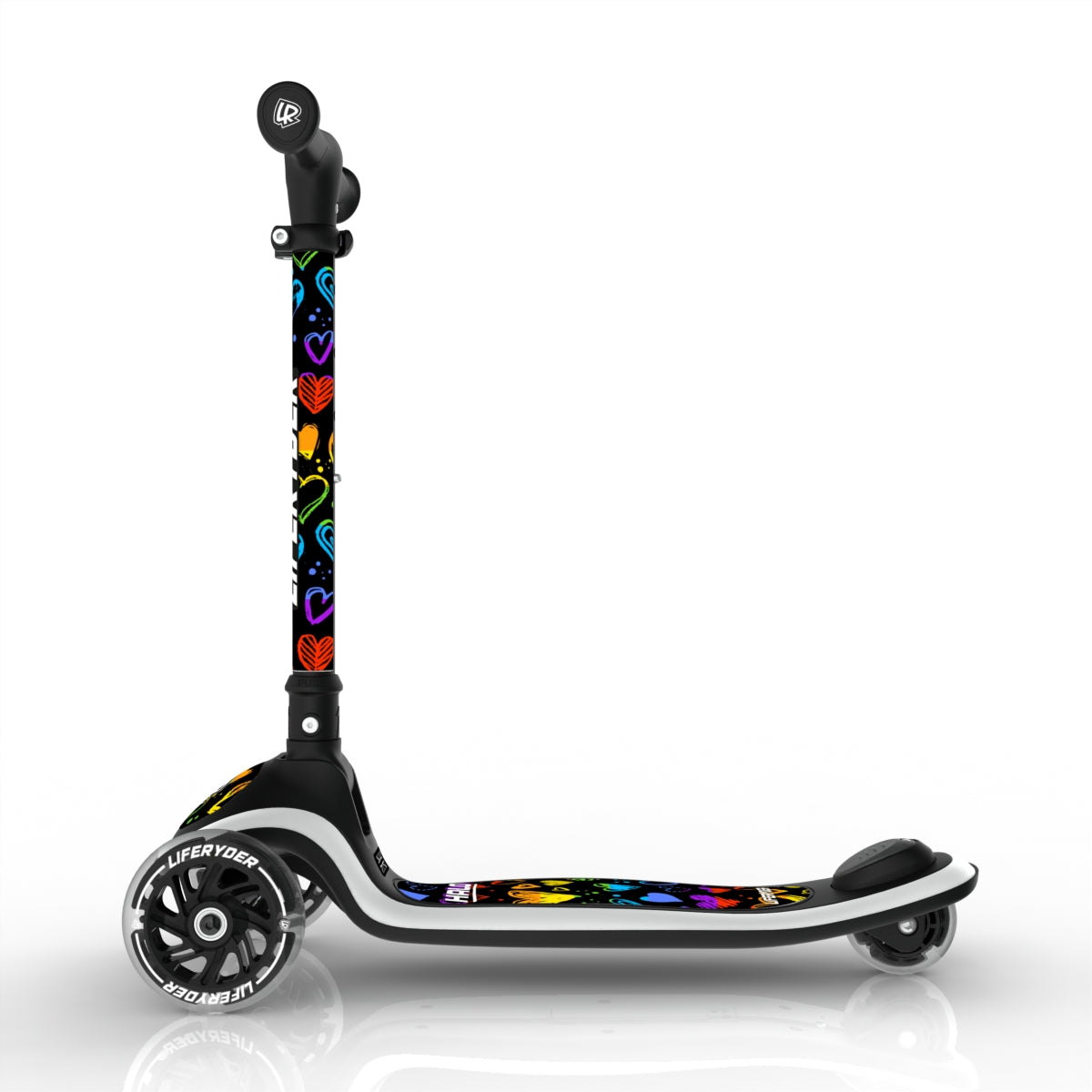 LIFERYDER HALO Rainbow Hearts lean-to-steer toddler scooter side view