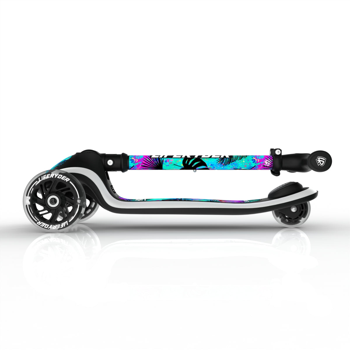 LIFERYDER HALO Neon Palm foldable 3 wheel scooter folded view