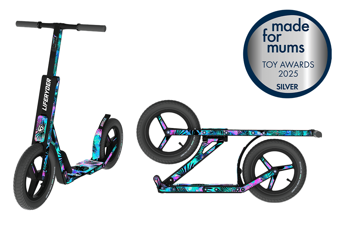 LIFERYDER INFINITY big wheel scooter with 'made for mums' toy award badge on a white background