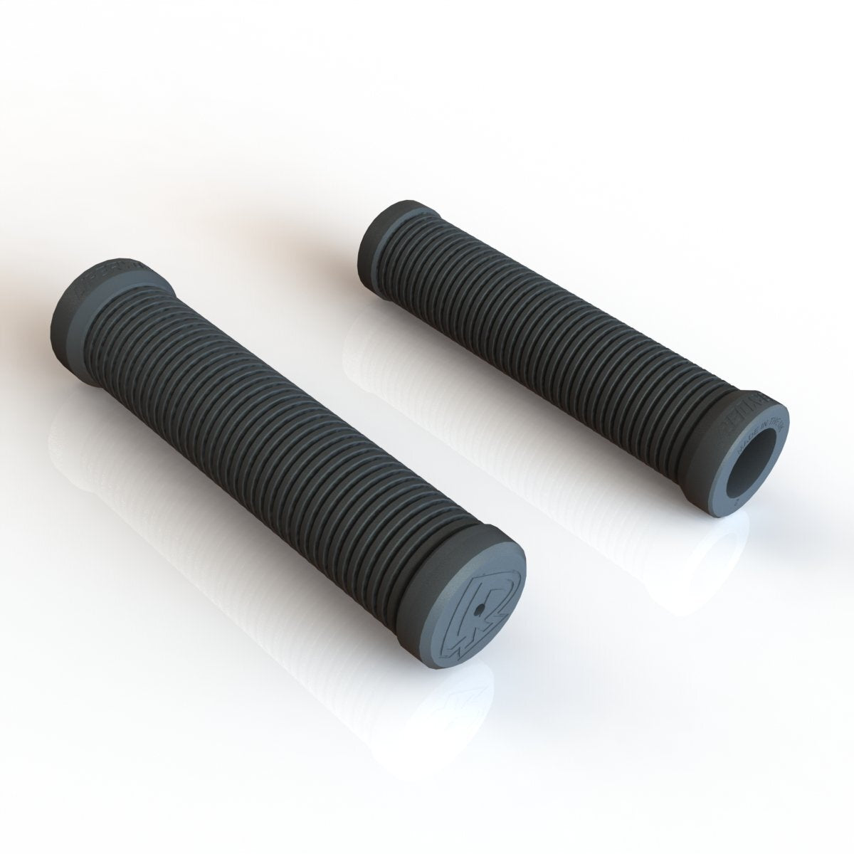 A pair of black push-on rubber handlebar grips, suitable for 22mm diameter handlebars for scooters and bicycles.