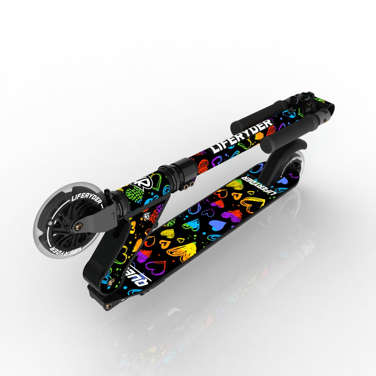 LIFERYDER QUEST Rainbow Hearts folding kids scooter folded view