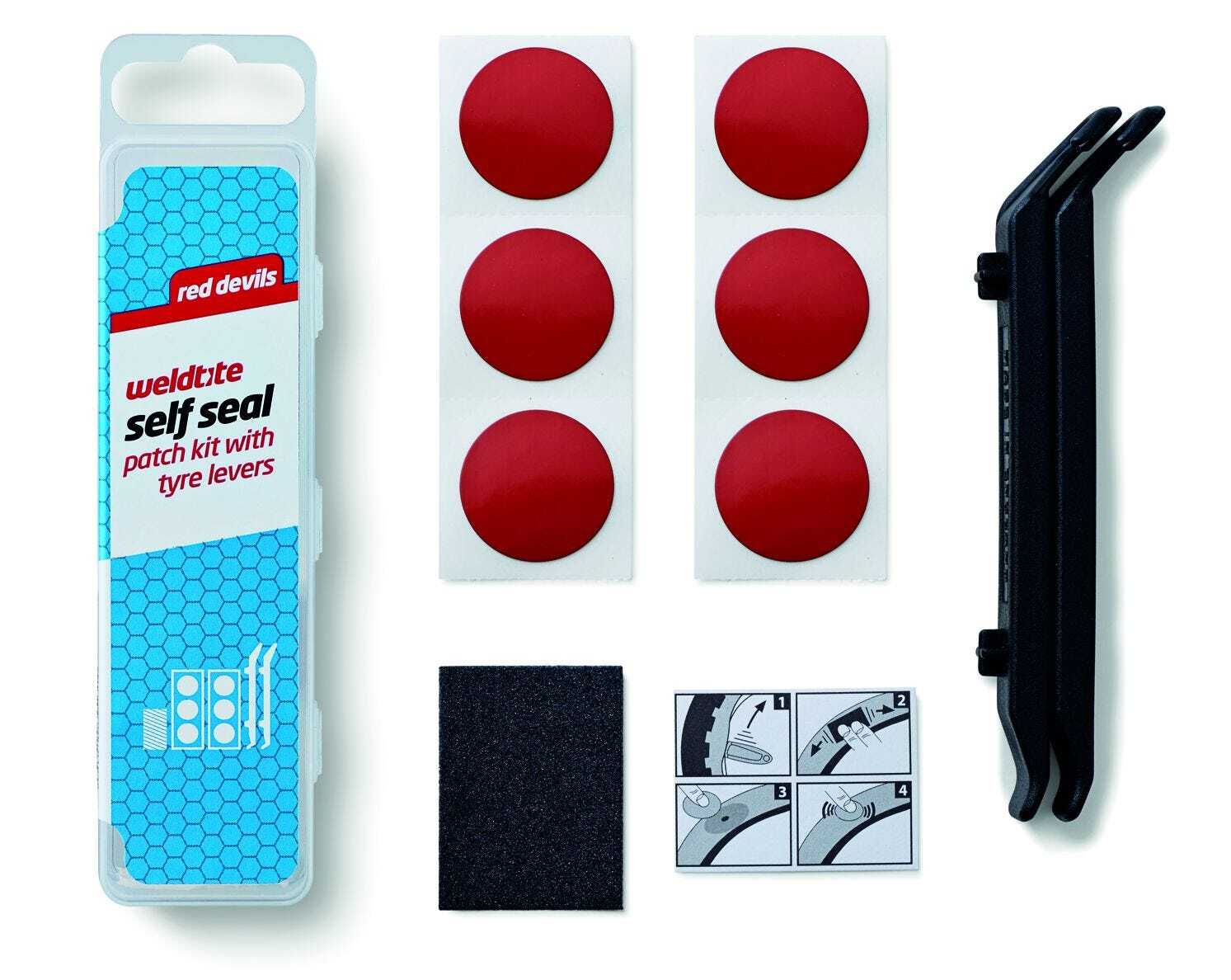 A puncture repair kit by Weldtite, including six red self-seal repair patches, a sandpaper, two black tyre levers, and a blue packaging box with the product information.